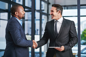 Happy business people, investor or handshake in office for meeting, partnership or greeting at law...