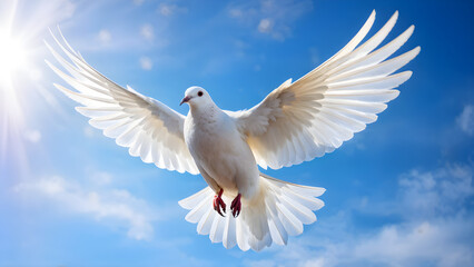 Obraz premium white dove wings spread perched on an aged gnarled olive branch against a clear blue sky feather