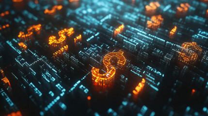 Obraz premium Dollar sign glowing on a futuristic microchip circuit board representing digital finance and online banking