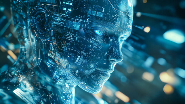 Blue glowing circuits in artificial intelligence are processing data from cyberspace