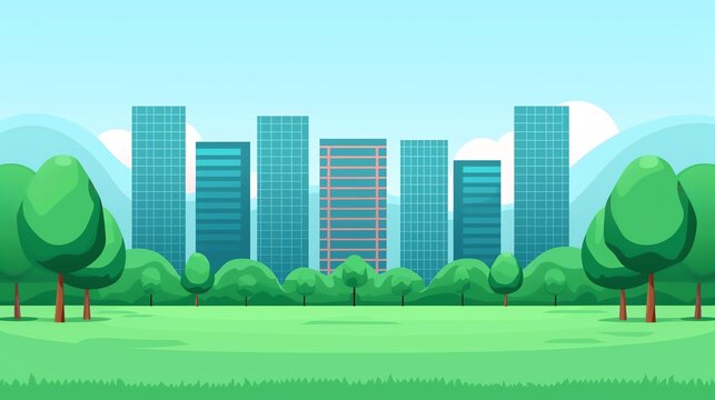 Green urban park, sustainable architecture, eco-friendly economy, flat design illustration