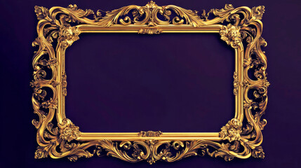 Vintage, ornate baroque frame in gold hangs on a purple wall, offering space for text