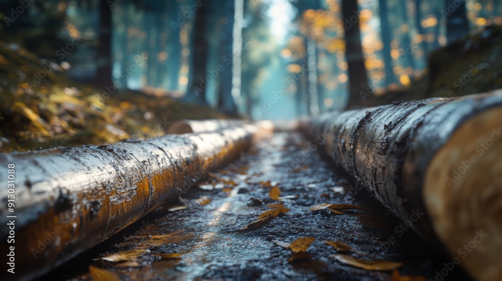 Poster two logs are positioned along a forest path covered with fallen leaves, illuminated by sunlight filt
