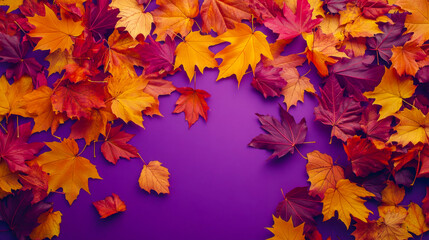 Vibrant purple background with copy space framed by colorful maple leaves in red, orange, and yellow hues