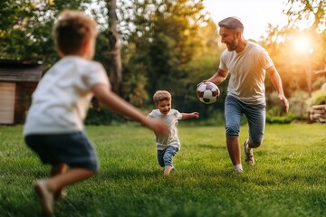 Fototapeta premium Father and son playing football in the backyard