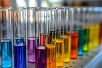 Detailed close-up image of test tubes containing various colored liquids in a laboratory, showcasing scientific research and experimentation