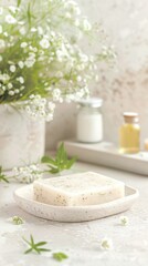 Handmade Natural Soap with Herbs on Rustic Bathroom Counter