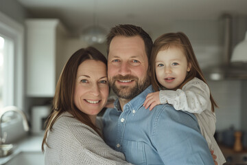 Fototapeta premium a family composed of a father and a mother holding their 6 year old daughter and looking at the camera