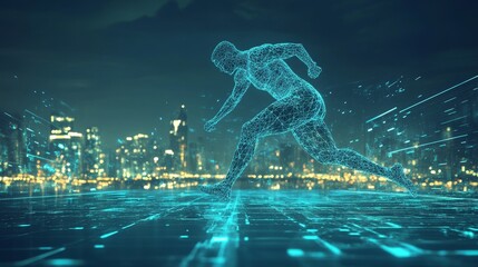 Obraz premium Futuristic athlete performing exercises in a digital landscape, training, visionary
