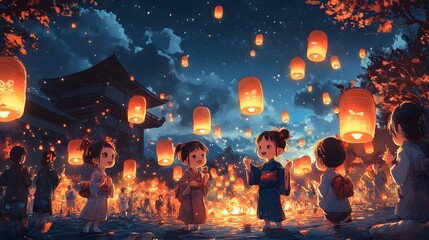 Cartoon characters participating in a Bon Festival with dancing lanterns and offerings to ancestors