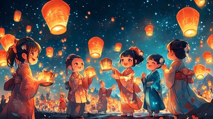 Cartoon characters participating in a Bon Festival with dancing lanterns and offerings to ancestors