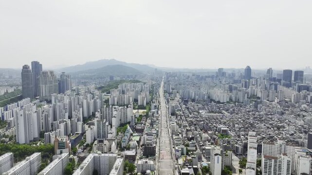 rone View of Seoul city in South Korea, gangnam financial district, Summer 60fps