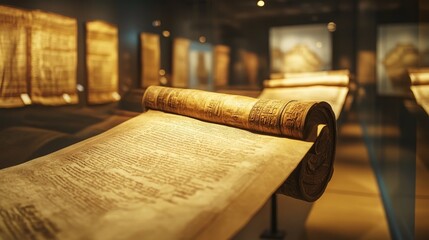 Historical facts displayed on ancient scrolls in a museum, facts, historical knowledge