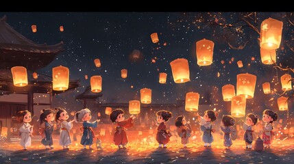 Cartoon characters participating in a Bon Festival with dancing lanterns and offerings to ancestors