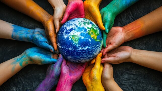 Hands of different colors holding a globe, fairness, global harmony and peace