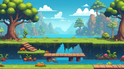 Game assets background RPG Gaming Battle Scene Beautiful day in Pixel 8bits 16bits 32 bits