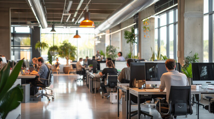 A large open office space with many people working at their desks