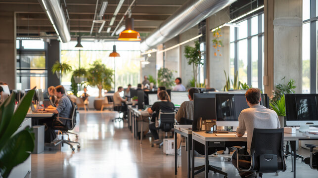 A large open office space with many people working at their desks