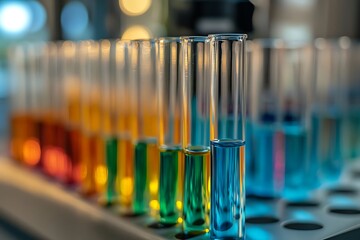 Detailed close-up image of test tubes containing various colored liquids in a laboratory, showcasing scientific research and experimentation
