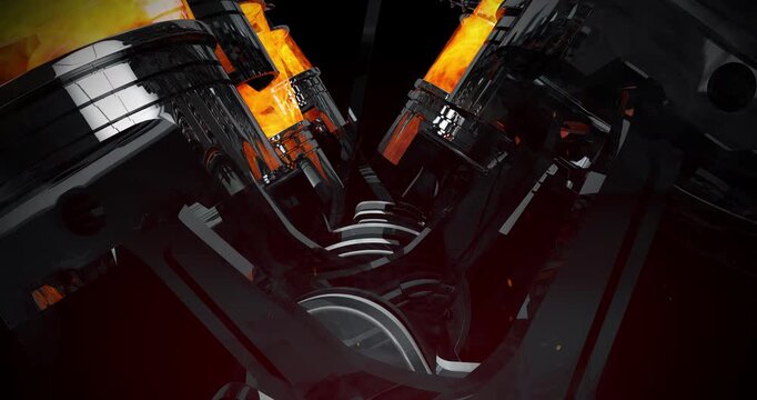 Close Up Powerful V8 Engine Pistons. Explosions In Combustion Chamber. Industry Related High Quality 3D 4K Animation.