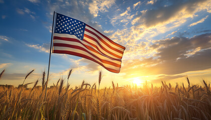 United States of America flag waving against the golden hour light against blue sky background. Generative AI.
