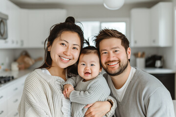 Fototapeta premium young asian parents sitting on the couch at home holding their baby happily and showing love to each other
