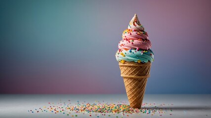 Close-up of a colorful soft serve ice cream cone with sprinkles, set against a gradient background.

