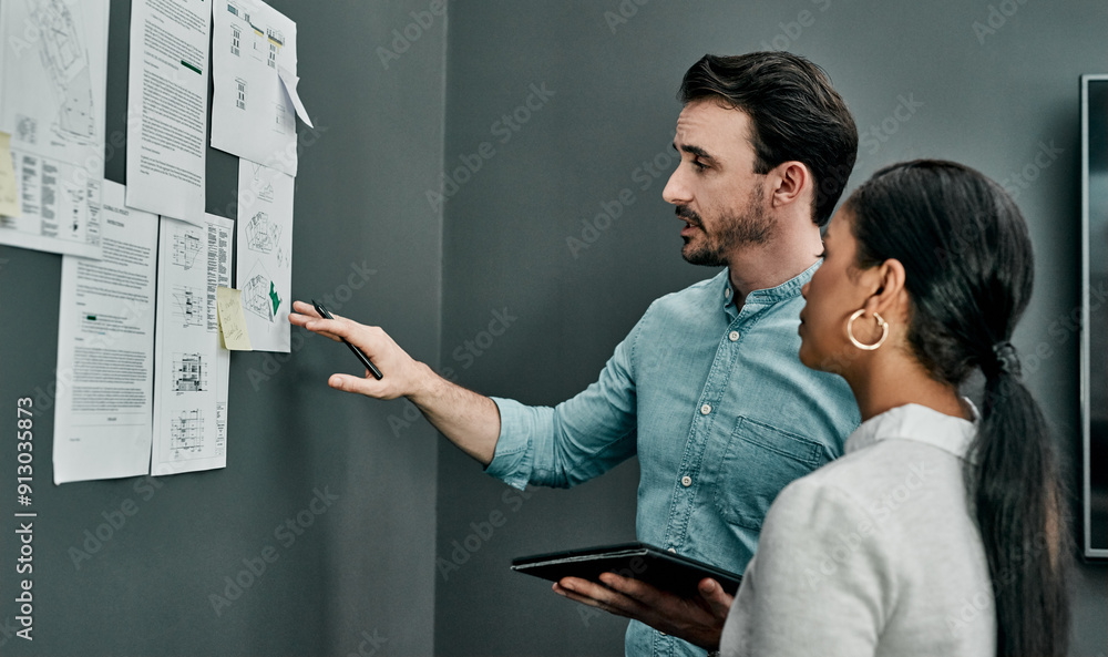 Poster architecture, man and woman at wall for discussion, project management or development in office with