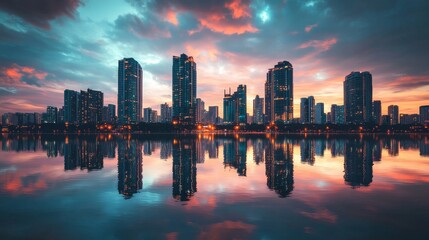Fototapeta premium Symmetrical city skyline at dusk, visual metaphor for urban balance and understanding