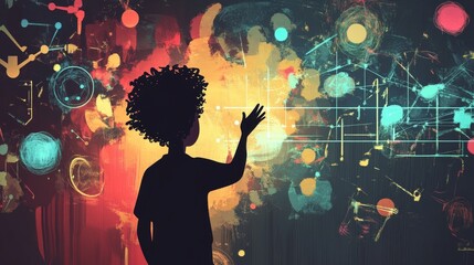 Teacher surrounded by animated elements explaining a concept, facts, dynamic teaching