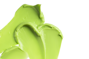 Swatch texture of green cream cray kaolin cosmetic mask for face and body on a white isolated background. Copy space