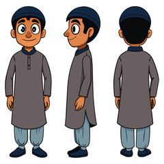 Asian Indian Pakistan Arab 2D Man Character Front View, Side, Back View Wear Shalwar Kameez 