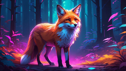 Synthwave stylized digital red fox, full body shot, neon lights in shades of pink, blue, purple