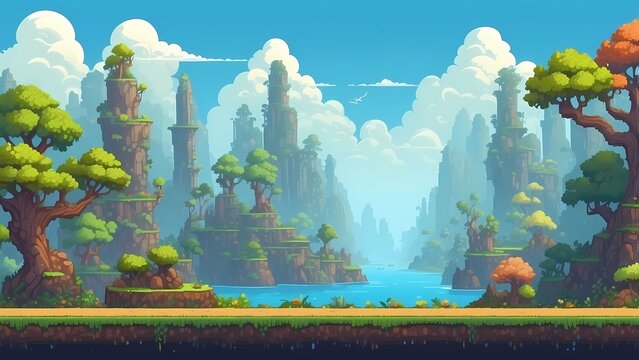 Game assets background RPG Gaming Battle Scene Beautiful day in Pixel 8bits 16bits 32 bits