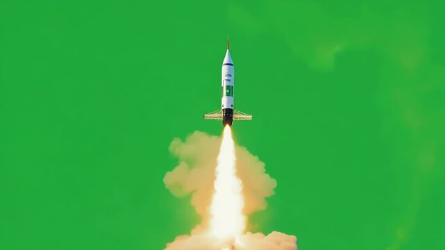 The fiery paths that sprouted from the back of the rocket ship igniting the atmosphere as it launched into space. Green screen chromakey
