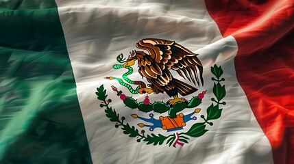 Mexican flag with its green, white, and red vertical stripes and the national emblem in the center