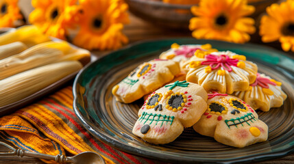 A plate of sugar skull cookies surrounded by marigolds, creating a vibrant Mexican Day of the Dead theme. Perfect for food photography and Instagram posts with a festive touch