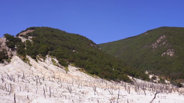 Bare landscape with green hills and clear blue sky. Landscape of death forest papandayan mountain, indonesia