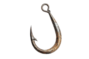 A rustic fishing hook with a weathered appearance, ideal for fishing themes and outdoor activities.