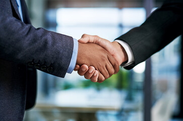 Business people, investor or handshake in closeup for meeting, partnership or greeting at law firm....