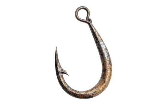 A rustic fishing hook with a weathered appearance, ideal for fishing themes and outdoor activities.