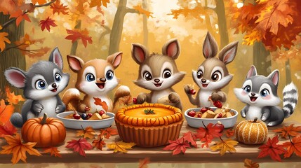 Cartoon animals enjoying a Thanksgiving feast with a turkey pumpkin pie and autumn leaves