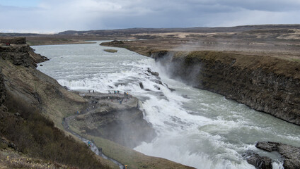 panoramic view across the large waterfall Gullfoss, Iceland