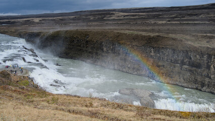 panoramic view across the large waterfall Gullfoss, Iceland