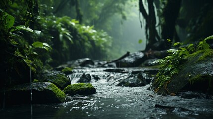 Fototapeta premium a waterfall in the rain nature background with glistening water droplets.