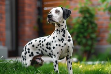 Beautiful full-length Dalmatian dog stands on a beautiful green lawn.