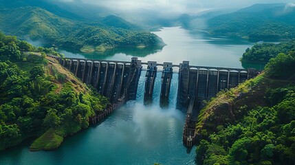 Hydroelectric Dam Surrounded by Green Hills