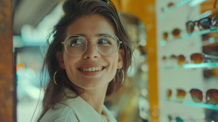 World Sight Day. Attractive woman choosing glasses and frames in an optical store. Selective focus.