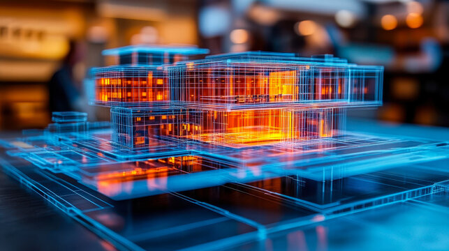 Futuristic Digital Building Information Modeling (BIM) Technology: Virtual Architects and Engineers Design Concept in a Modern Workspace