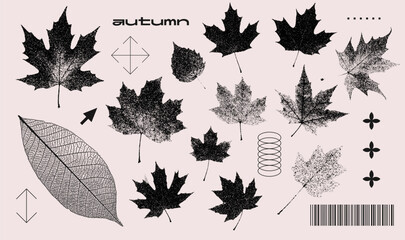 Forest leaves set with retro photocopy stipple effect for grunge punk y2k collage design. Autumn nature season. Vintage halftone element brutalist design. Vector realistic illustration.